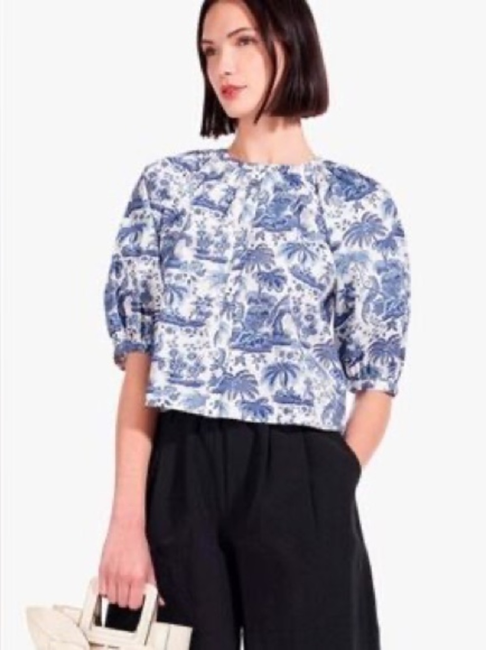 Staud Women's Dill Top China Blue Toile Puff Sleeve Button Down Blouse. Small